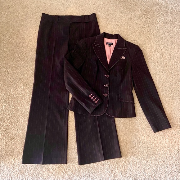 bebe Chocolate Brown Pinstripe Suit with Pink Lining and Accents - Picture 1 of 4